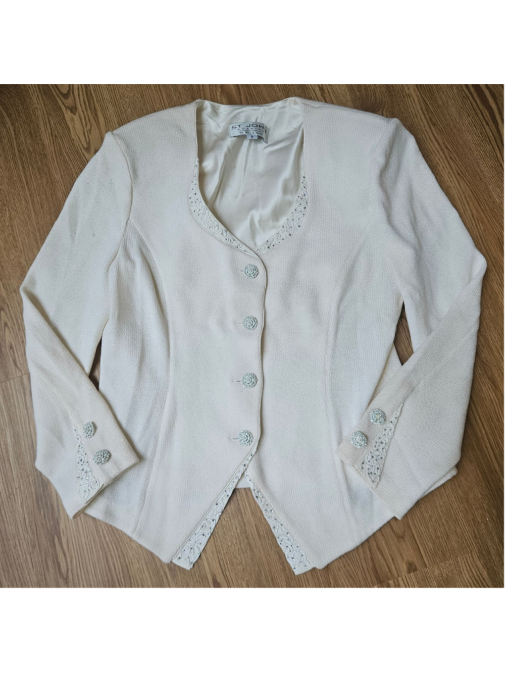 St. John Evening Ivory Knit Embellished Rhinestone Panel Jacket Old Money 8